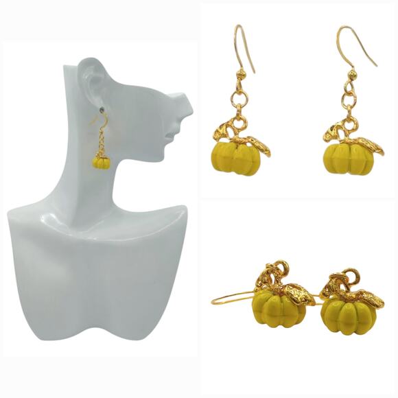 Yellow Pumpkin Dangle Earrings – Cute Fall Accessory – Thanksgiving - Picture 4 of 5